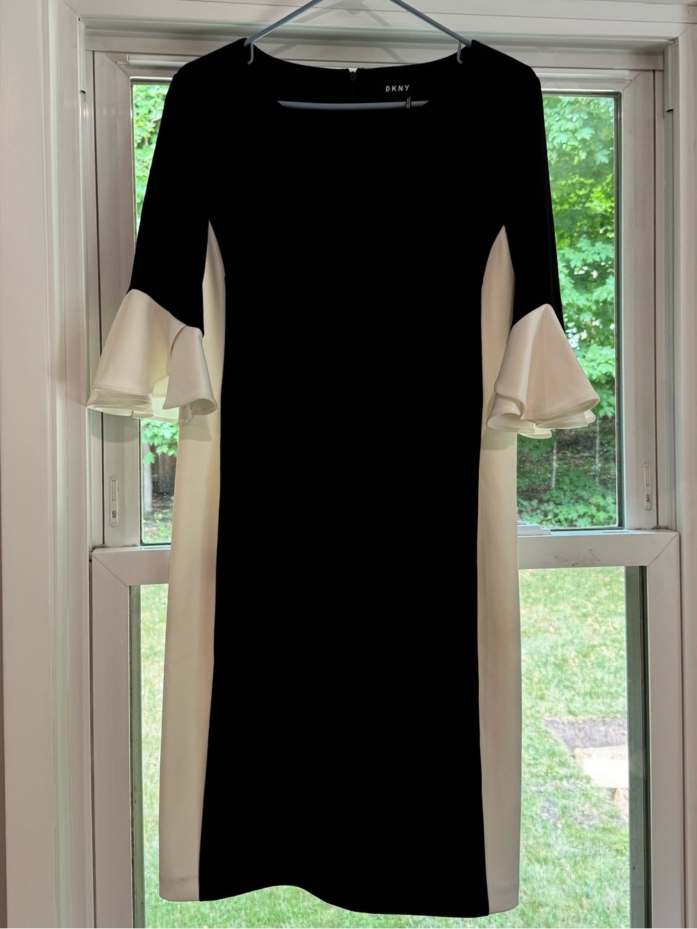 DKNY Black Midi Sheath Dress with Cream Panels and Ruffle Sleeves